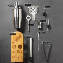 10 pezzi di kit da bartending in acciaio inossidabile con vassoio in bambù, capacità 550ML