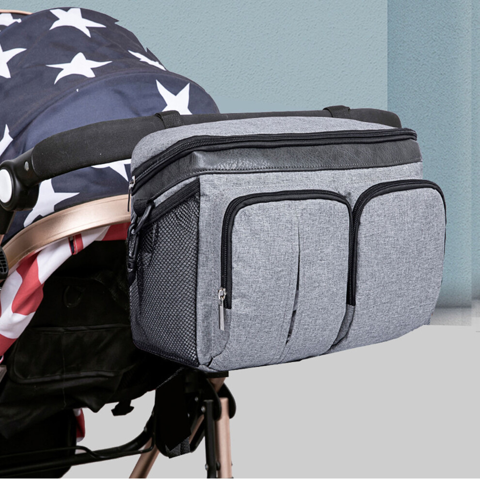 Large Capacity Baby Stroller Diaper Bag With Multi Pockets & Strap Grey