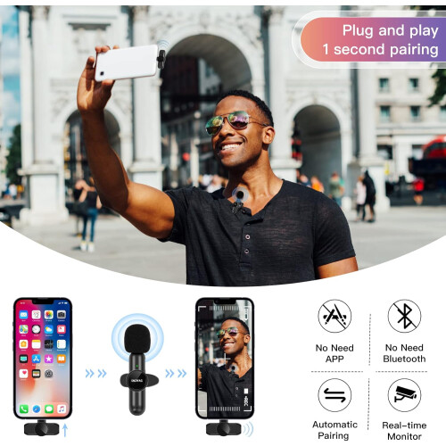 Microfone sem fio Plug-Play para iPhone e Android, com redução de ruído inteligente, mini microfone 2 em 1, sincronização automática para 1