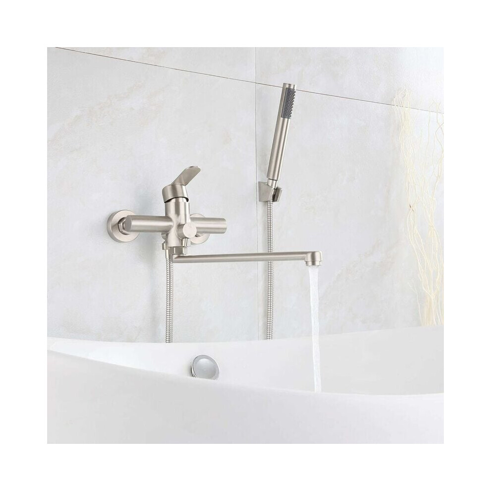 Handheld Showerheads Compatible Shower Faucet with Wall Brushed Stainless Steel Finish, Extended Long Spout and 360-Degree Swivel Spout, Dual Mode-image-OPC-PPSSVTG-NEW
