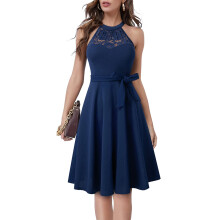 Abito da sera in pizzo da donna, abito da cocktail a maniche corte con scollo all'americana e taglio svasato, tessuto elastico e antipiega per