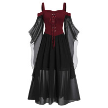 Cold Shoulder Dress Gothic Style, Elastic Waistline Flowy Tulle Dress with Butterfly Sleeve for Medieval Costume, Lace Up Front A Line Dress for
