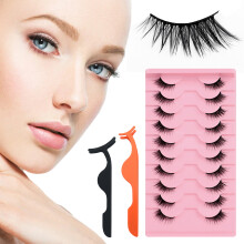 Sexy řasy s efektem D Curl, měkký tenký průhledný pásek pro přirozený a okouzlující vzhled, včetně kleští na řasy (10 párů)
