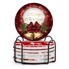 Rustic Round Coasters Set, Vintage Style Ceramic Christmas Coasters for Snowflake Patterns, Non-Slip Cork Bottom with Metal Coasters Holder for Home