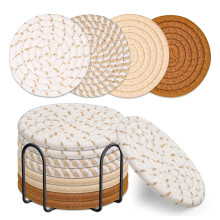 Proteção para a mesa com porta-copos absorventes, fáceis de limpar e com isolamento térmico, estilo rústico, feitos à mão com fio de algodão