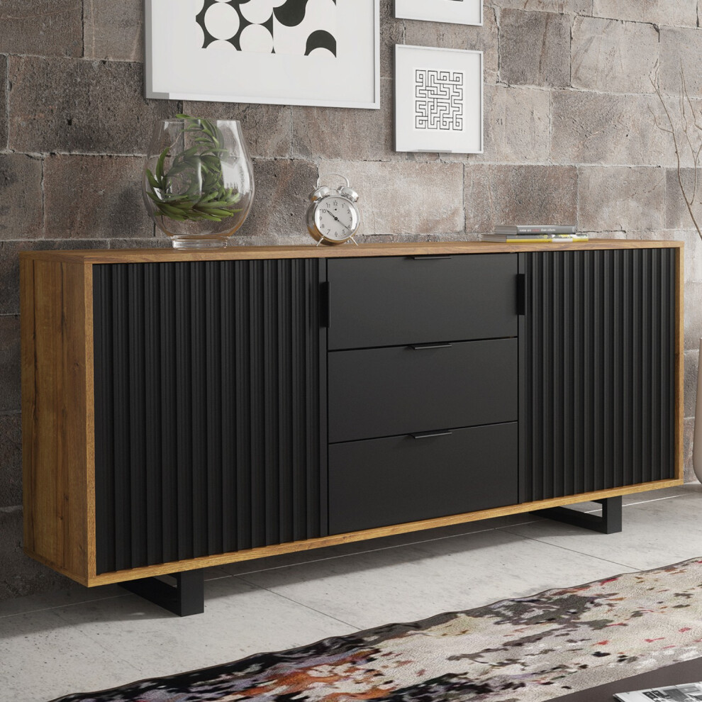 Olivia Furniture Sideboard 140Cm Blackridge - Dark Oak With Black Fluted Doors & Drawer Black,Brown,Multicoloured