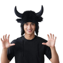 Thicken Plush Earflap Hat Funny Bull Horn Hat Halloween Event