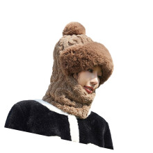 Thickened Plush Knitted Hat with Neck Gaiters Face-Coffee Color