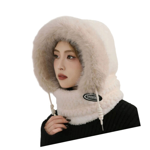 Thermal Fleece Lined Pullover Hat with Face Cover Women-Beige