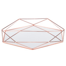 Decorative Mirror Tray, Jewelry Tray Hexagonal Vanity Organizer with Geometric Gold Wire Frame and Non-Slip Base, High Light Transmittance Mirrored