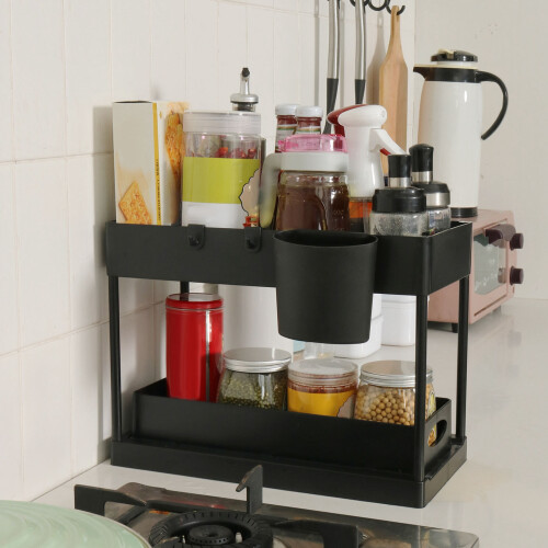Large Capacity Under Sink Organizer, Black, PP Material, Slide-Out Baskets 2