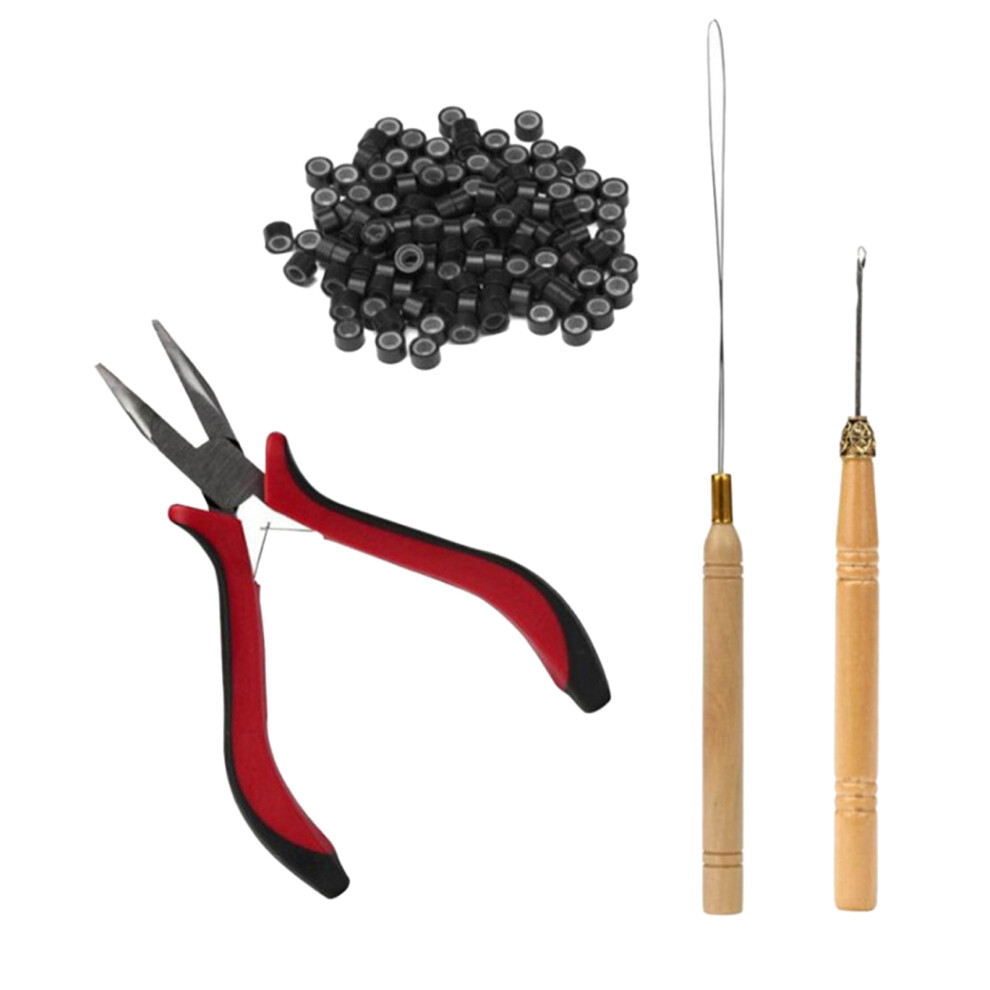 4pc Hair Extension Kit with Curved Plier & 200 Silicone Rings - Black