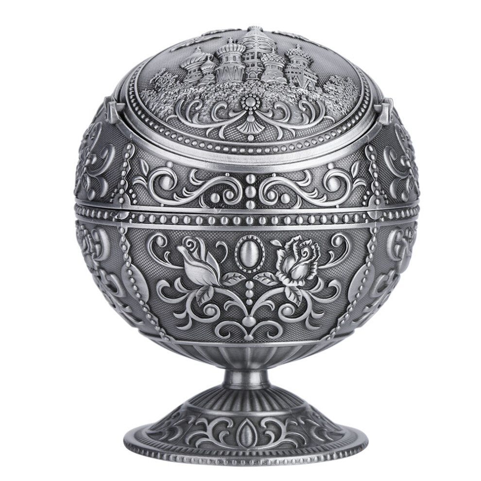 Vintage Windproof Ashtray with Lid, Push Down Ashtray Metal Portable for Indoor Outdoor Use, Hand Stamped Pattern Odor Eliminator Cigarette Ashtray