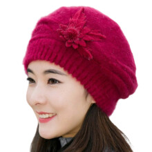 Rabbit Furs Women Winter Hat Flower Decors Design-Burgundy