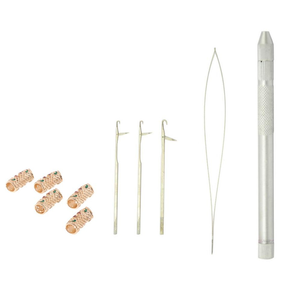 5pcs Dreadlock Braiding Tubes Beads+Hair Extension Loop Needle Hook Th