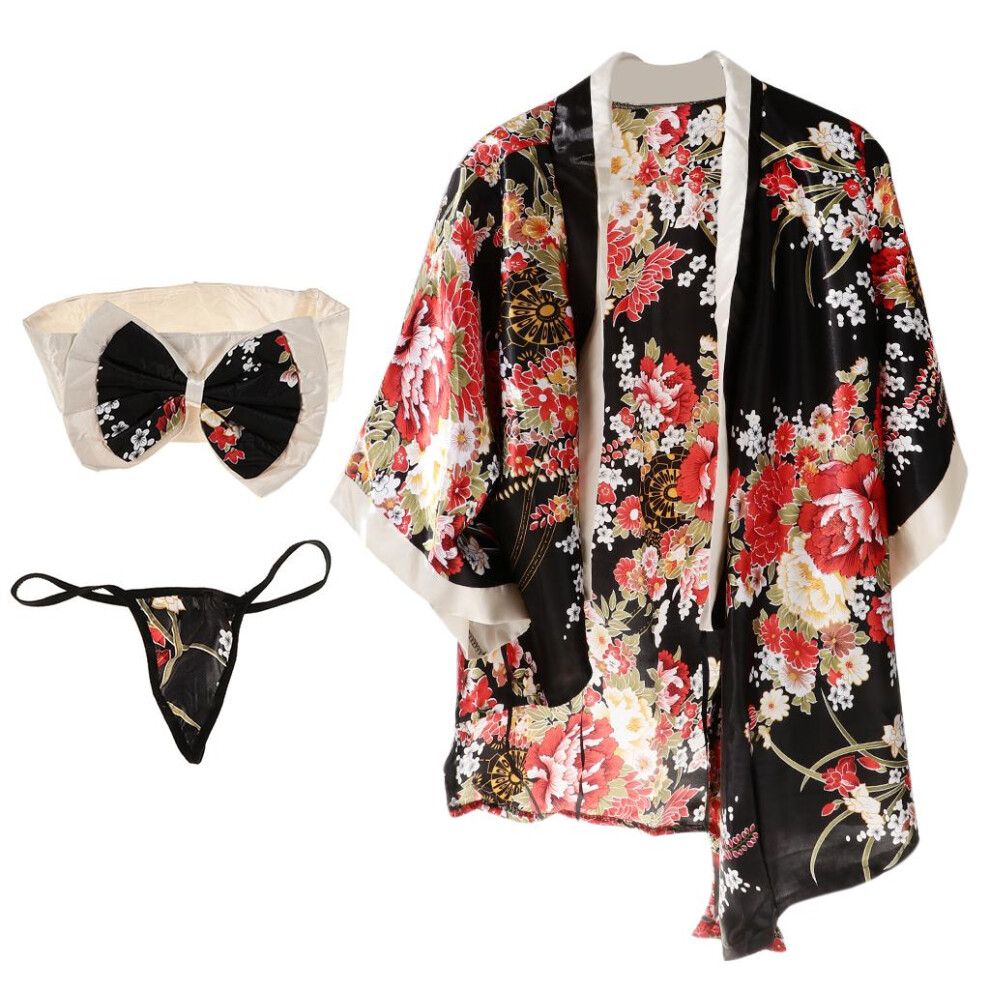 Black Womens Sexy Sakura Blossom Prints Japanese Geisha Kimono Costume Linge