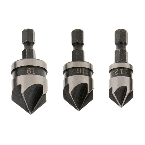 3pc 1/4" Hex 12, 16,19mm Countersink Power Drill Bit Bore Set for Wood