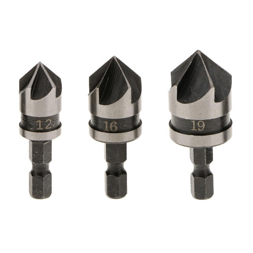 3pc 1/4" Hex 12, 16,19mm Countersink Power Drill Bit Bore Set for Wood 2