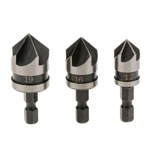 3pc 1/4" Hex 12, 16,19mm Countersink Power Drill Bit Bore Set for Wood 1