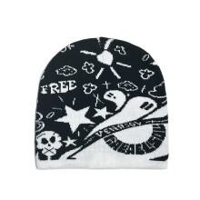 Bonnet Jacquard motif crâne pour femmes, bonnet tricoté,-Noir