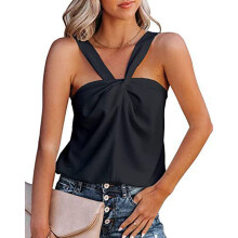 Top corto con scollo all'americana per donna, canotta estiva senza maniche e senza schienale con scollo a cuore e dettagli arricciati, top a trapezio
