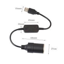 USB 5V To 12V Car Cigarette Lighter Socket Power Female Converter Adapter Cable