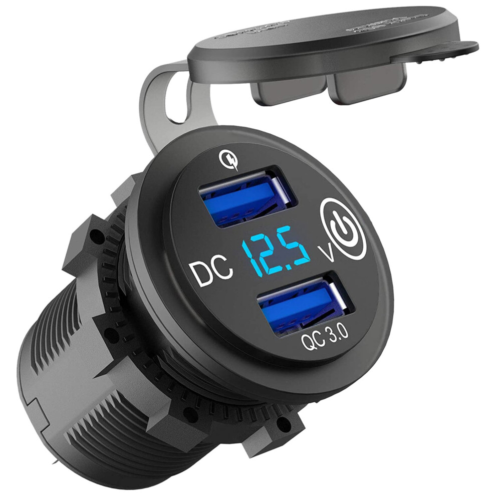 12V USB Outlet, Quick Charge 3.0 Dual USB Car Charger with Contact  and Voltmeter for 12V/24V Motorcycle Car Truck