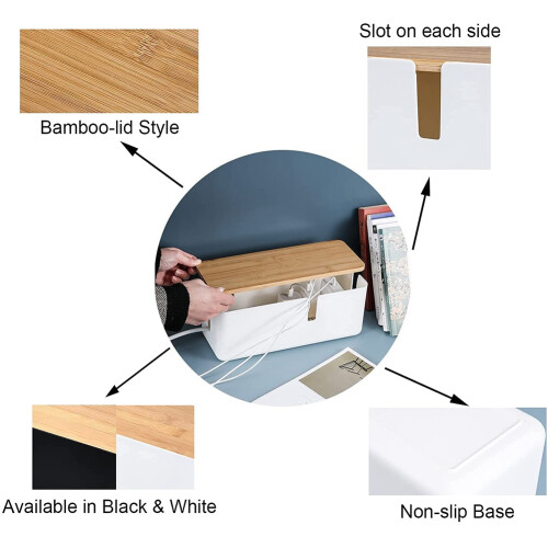 Cable Management Box with Bamboo Lid Small Cable Organizer Box for Extension Cord Power Stripe Surge Protector(Black) 2