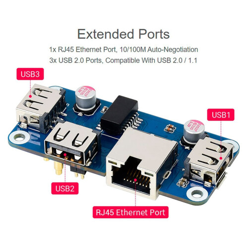 Ethernet/USB HUB HAT(B) for Raspberry Pi 4B/3B+/3A+/2B/Zero/Zero with Zero WH,with 1X RJ45 Ethernet Port 2