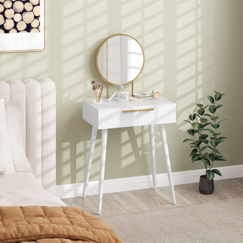 Homcom HOMCOM Modern Dressing Table w/ 2 Drawers Round Mirror for Bedroom White