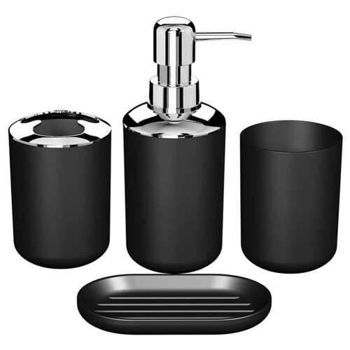 8 Pcs Plastic Bathroom Accessory Set,Bath Toilet Brush Set with Toothbrush Holder,Toothbrush Cup(Black &White) 1