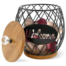 Coffee Pod Holder with Lid, Large Capacity Coffee Pod Storage Basket, Round Iron Coffees Pods Basket Holder