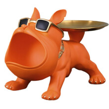 Resin French Bulldog Tray Statue, Bulldog Candy Dish Key Holder Bowl,Statues for Office Desk Home Decor Figurines Orange