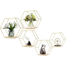 Hexagon Floating Shelves, Robust & Stable Gold Metal Wire and Wood Wall Mounted, Decorative Storage for Modern Wall Decor in Living Room, Bedroom,