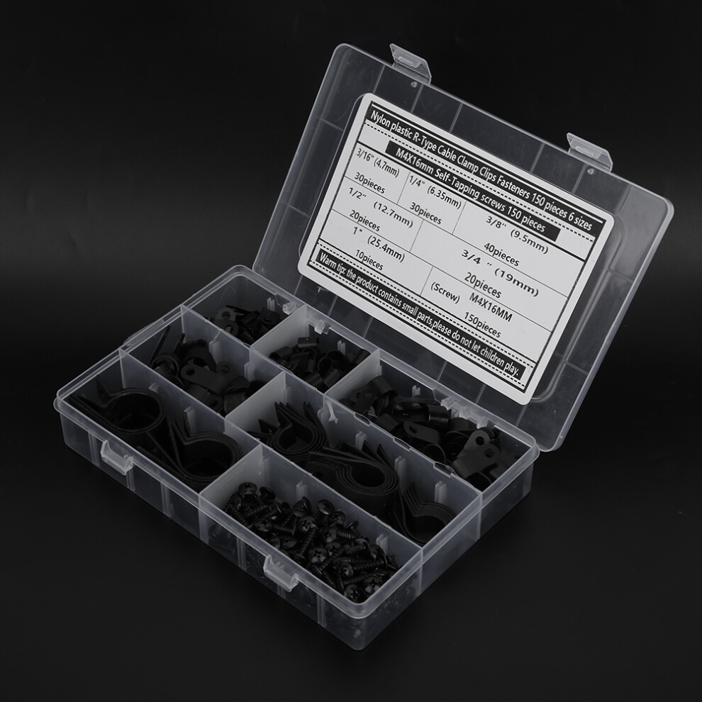 150Pcs R-Type Cable Clamp Clips & M4x16mm Screws Set, Black 6941379747643