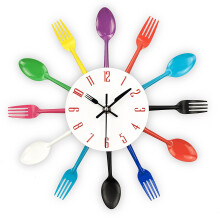 Kitchen Wall Clock, 3D Removable Modern Cutlery Kitchen Spoon Fork Wall Clock Mirror Wall Decal Wall Sticker Room Home Decoration (Colorful)