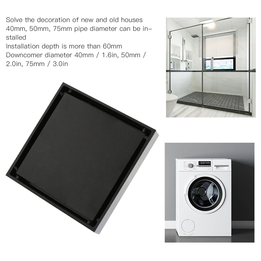 4 Inch Square Stainless Steel Invisible Shower Drain 1.3Mm Tileable Black 4651381022141
