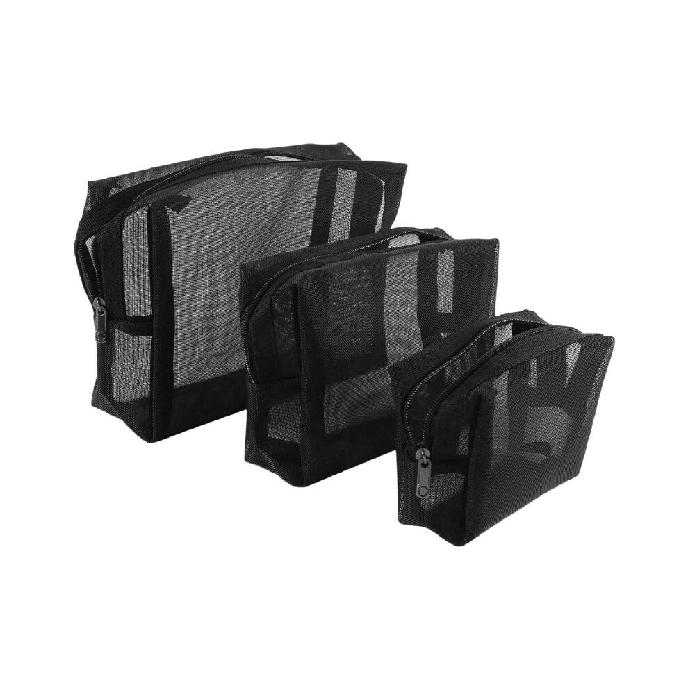 Black Mesh Makeup Bag See Through Zipper Pouch Travel Cosmetic And Toiletries Organizer Bags Pack Of 3(S,M,L)