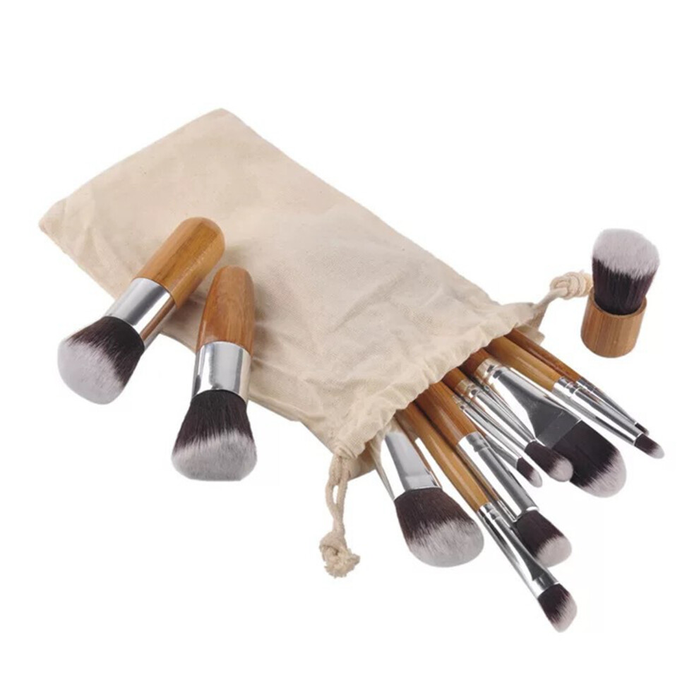 11pcs Bamboo Handle Makeup Brushes Set, Portable 20x14x4cm