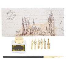 Penna a piuma con inchiostro scorrevole, set da calligrafia dorato realizzato a mano con design unico, strumento di scrittura artistica, regalo per