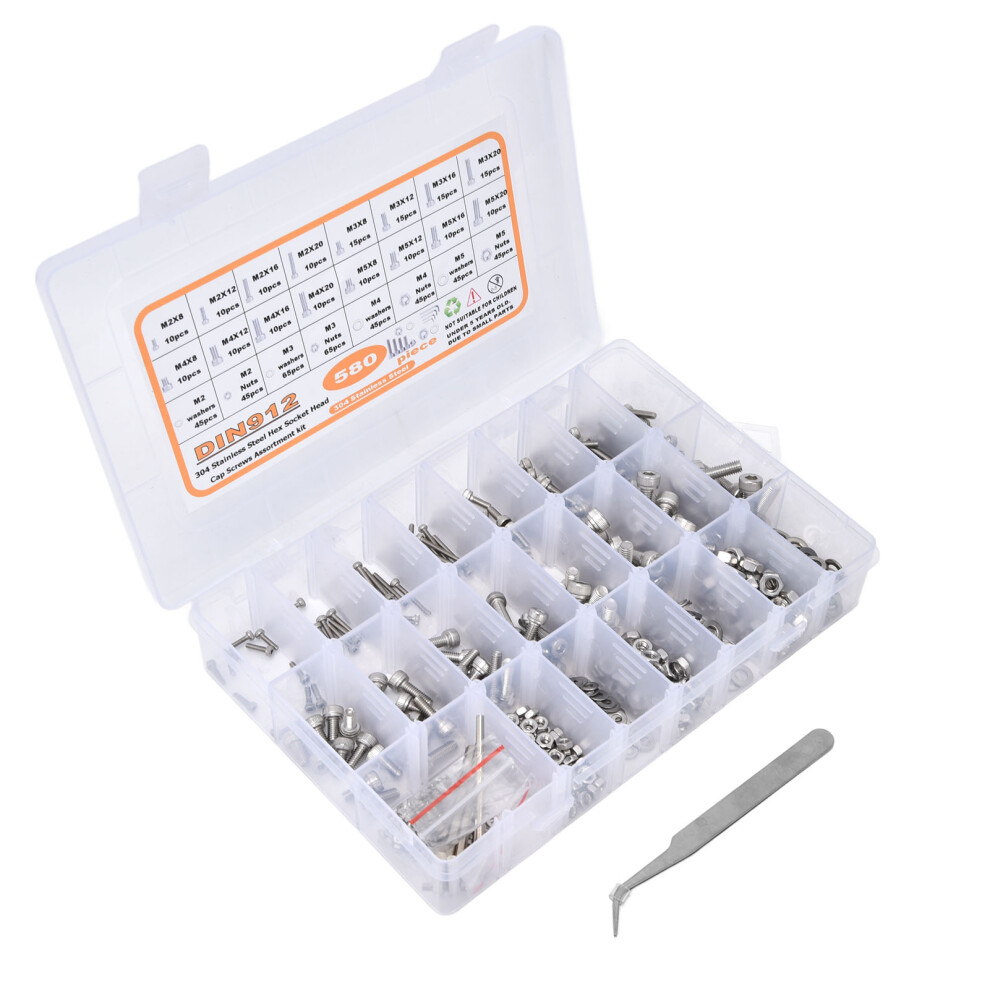 580Pcs Stainless Steel Screw Nut Washer Kit M2-M5 With Hex Socket Set 9301376377804