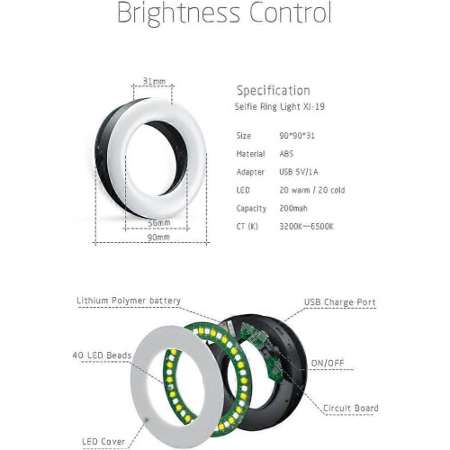 Selfie Ring Light Rechargeable Portable Clip-on Selfie Fill Light with 2
