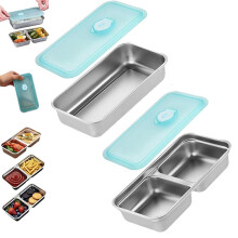 Tragbare Lunchbox, Wiederverwendbare Snackbox mit Deckel, Edelstahl, Doppelfach, Snackbox, Lebensmittelaufbewahrungsbox mit Deckel
