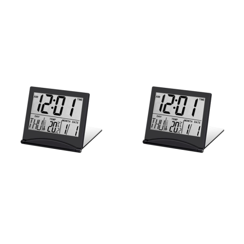 2X Electronic Folding LCD Digital Alarm Clock Desktop Temperature Hygrometer Clock Black