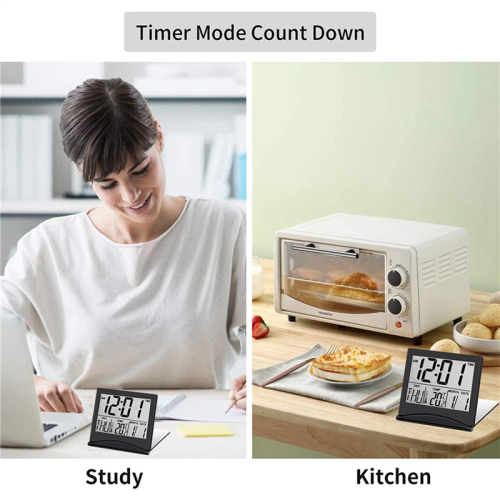 2X Electronic Folding LCD Digital Alarm Clock Desktop Temperature Hygrometer Clock Black 2