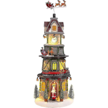 Christmas Village Clock Tower with Rotating Reindeer & Railway Train