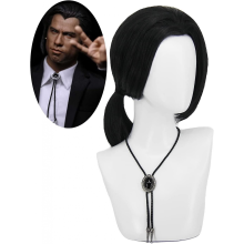 Parrucca Vincent Vega da uomo con collana corta nera scura-