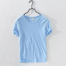 T-shirt retrò in cotone con bordo grezzo per uomo, vestibilità slim, traspirante, casual, celeste XXXL