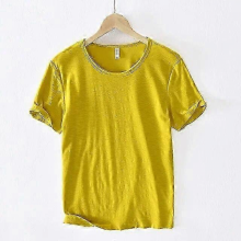 Retro Raw Edge Cotton T-Shirt for Men, Slim-fit, Breathable, CasualyellowXL