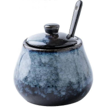 Antique Ceramic Sugar Salt Bowl Set with Lid & Spoon, 8oz, Grey Blue